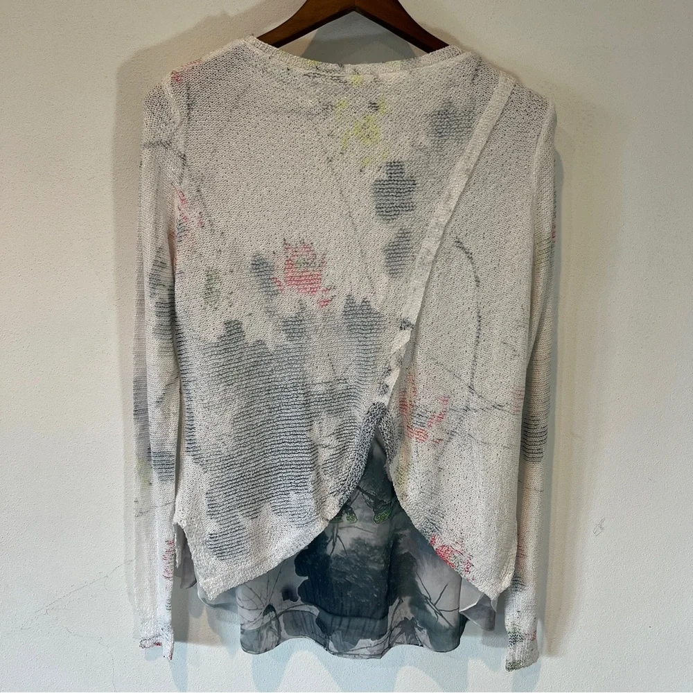 Sioni Lightweight Open Knit Watercolor Floral Layered Long Sleeve Sweater - Picture 7 of 9